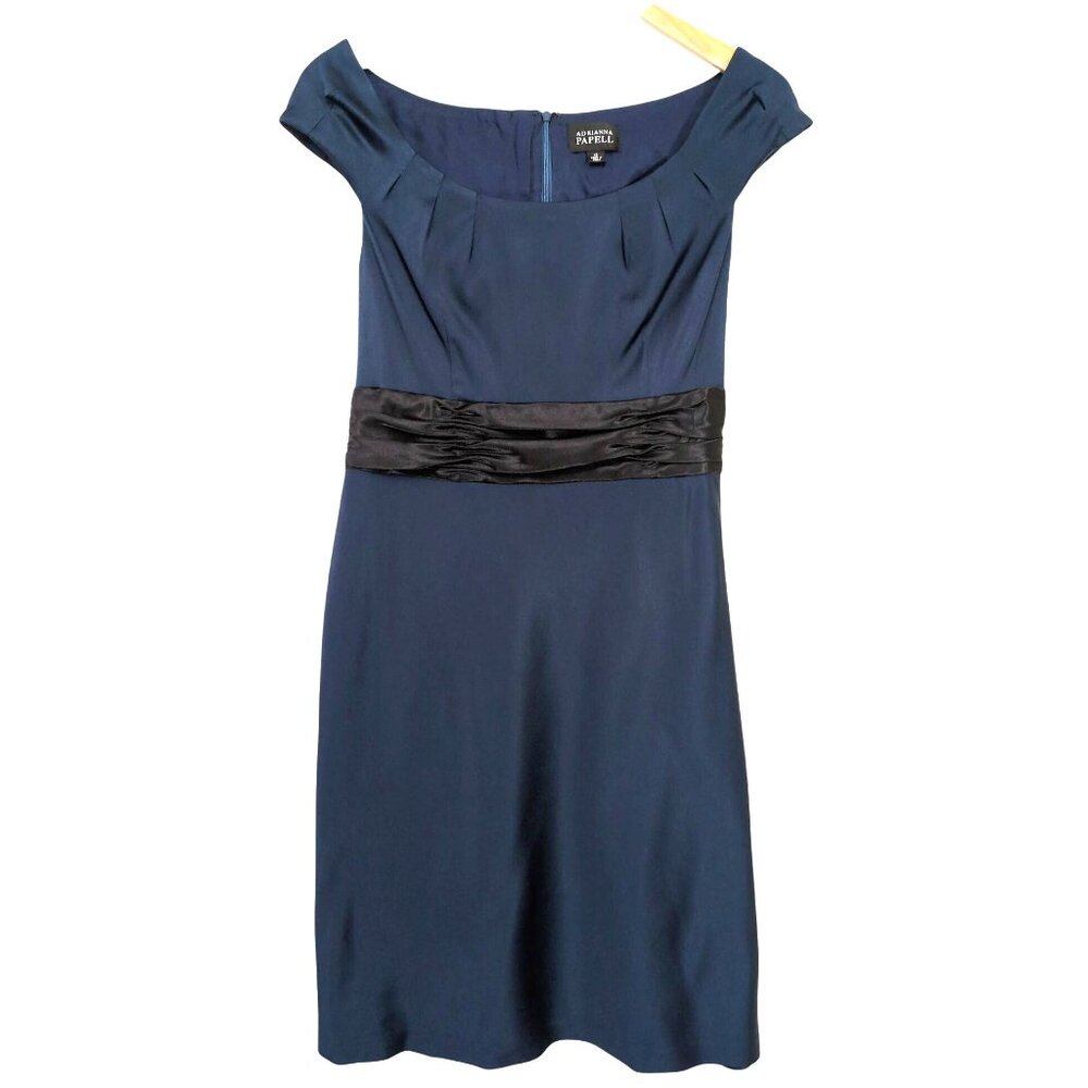 Adrianna Papell Sheath Dress Women 12 Blue Black Cocktail Party Event Satin Sash